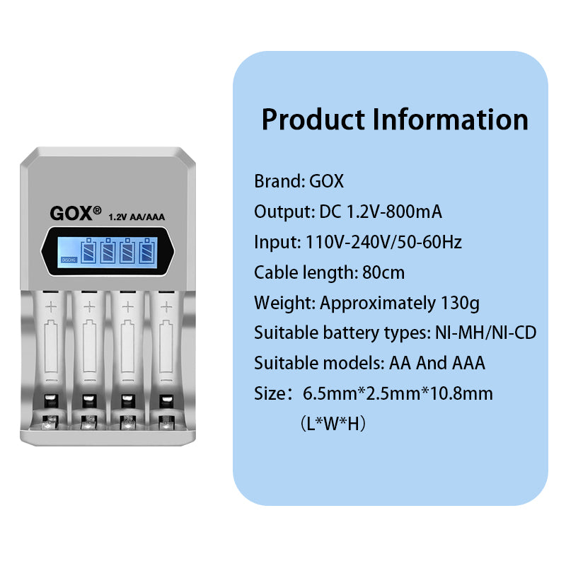 GOX 1.2V AAA OR AA Rechargeable Battery With Smart LCD Charger